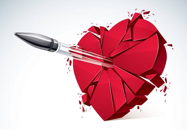 Heart broken with bullet gun shot, 3D realistic vector illustration of heart symbol exploding to pieces. Creative idea of breaking apart love, break up.